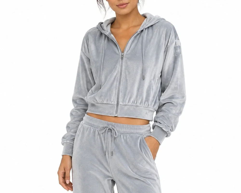 ALO Yoga Velour Glimmer Full Zip Hoodie Blue Steel Cropped Jacket Small